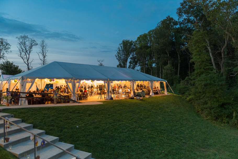 Reception tent at dusk